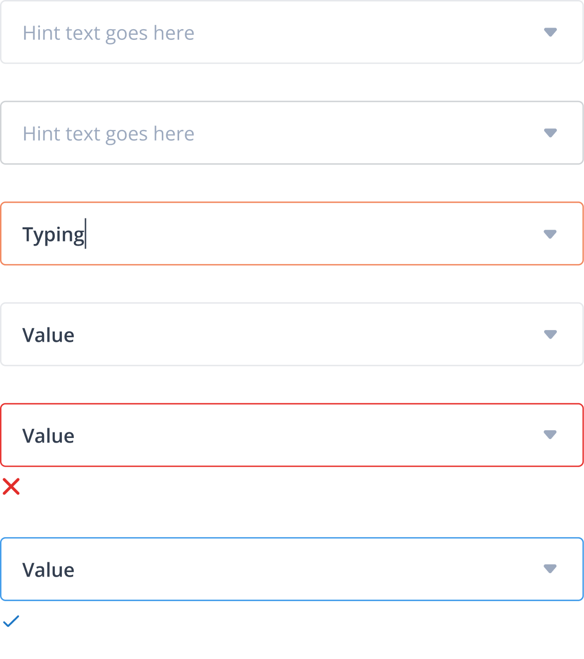 Input field states with trailing dropdown arrow — select/combobox variants with all states